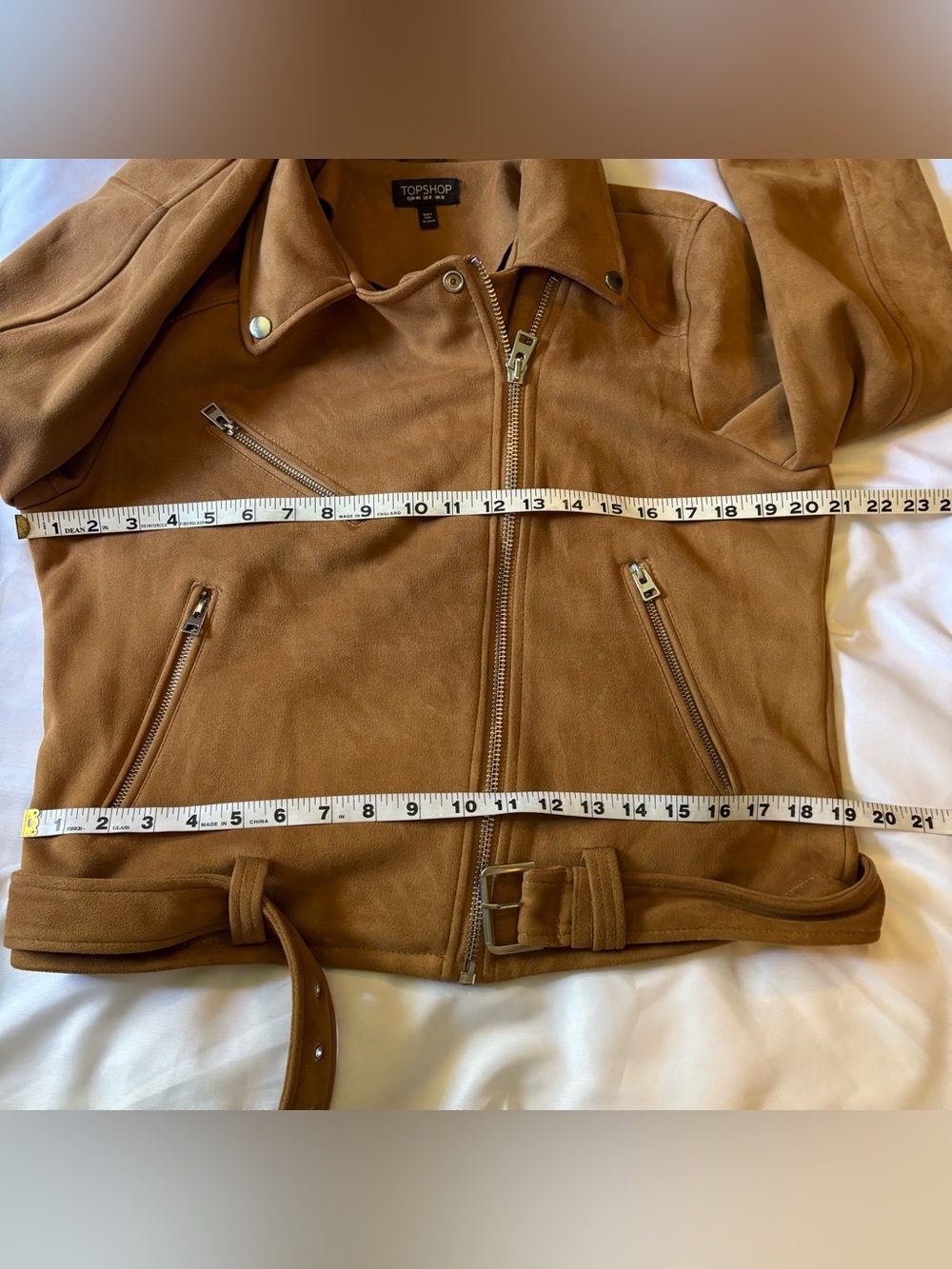 Topshop Women’s Sz 8 Faux leather metal zippers camel moto jacket - Picture 9 of 11